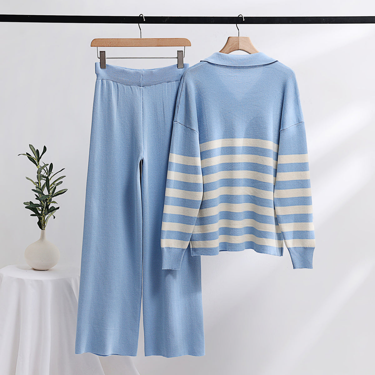 Striped Polo Collar Knit Sweater And Pant Set - Blue - 6