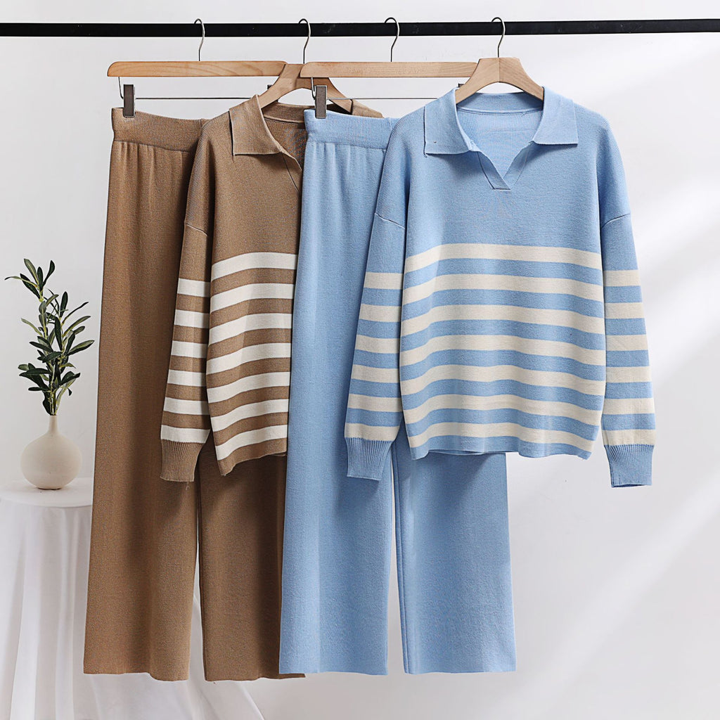 Striped Polo Collar Knit Sweater And Pant Set