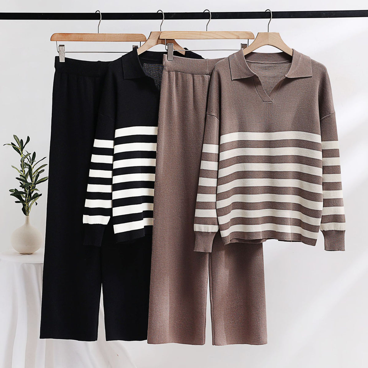 Striped Polo Collar Knit Sweater And Pant Set - view 1
