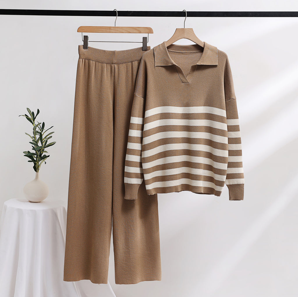 Striped Polo Collar Knit Sweater And Pant Set - wood