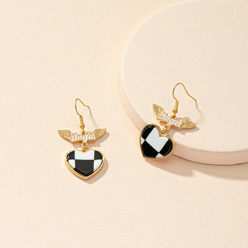 Winged Heart Checkerboard Dangle Earrings - Black