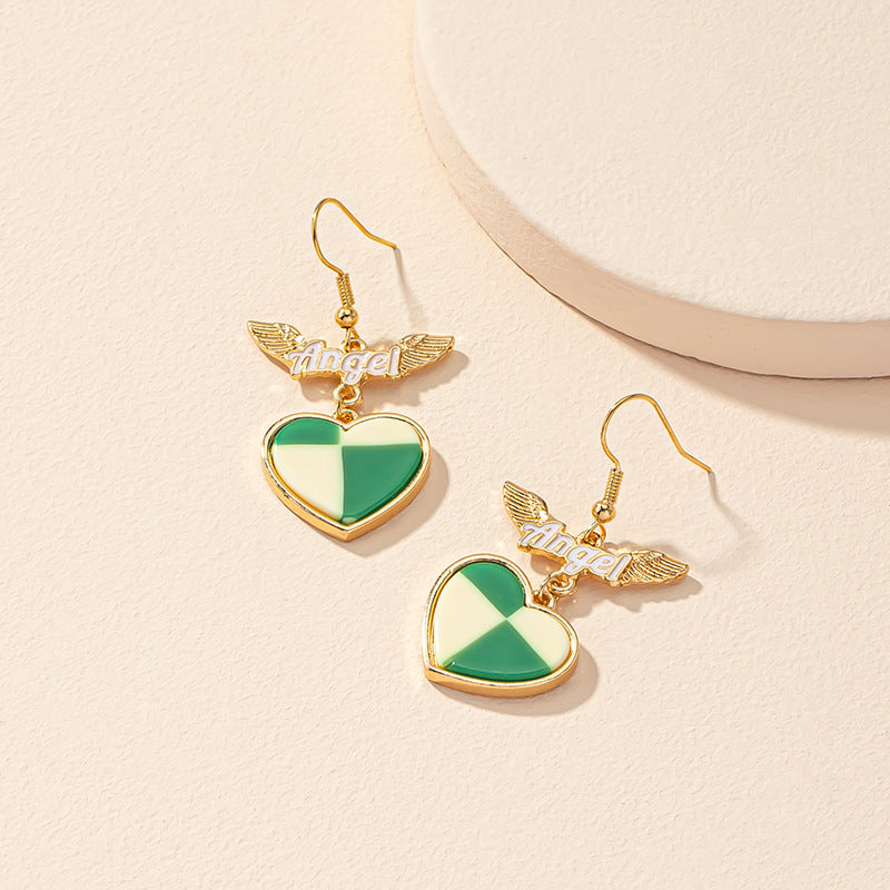 Winged Heart Checkerboard Dangle Earrings - Green