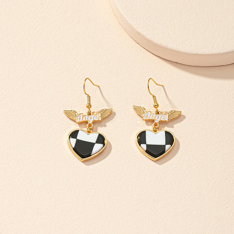Winged Heart Checkerboard Dangle Earrings