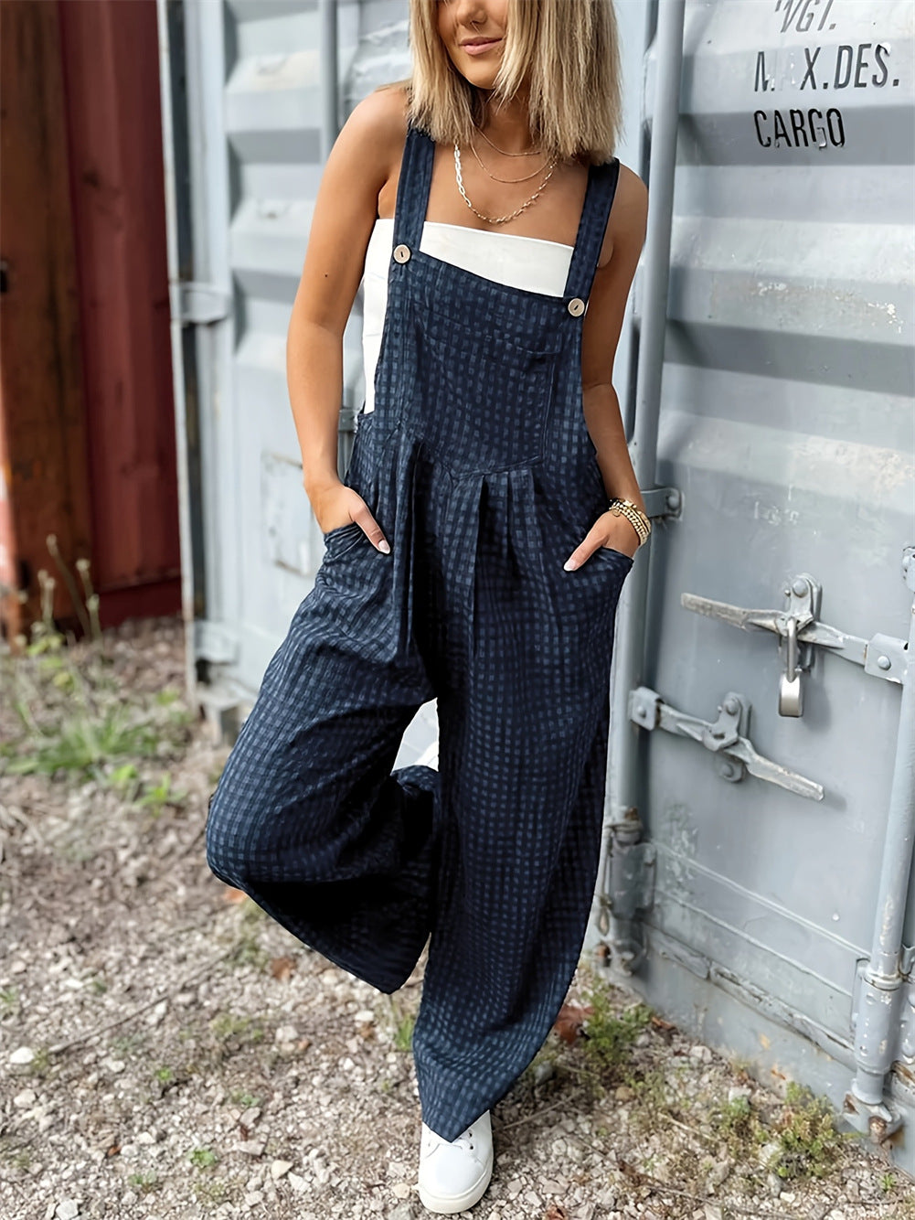 Checked Wide Leg Bib Overall Jumpsuit - NavyBlue