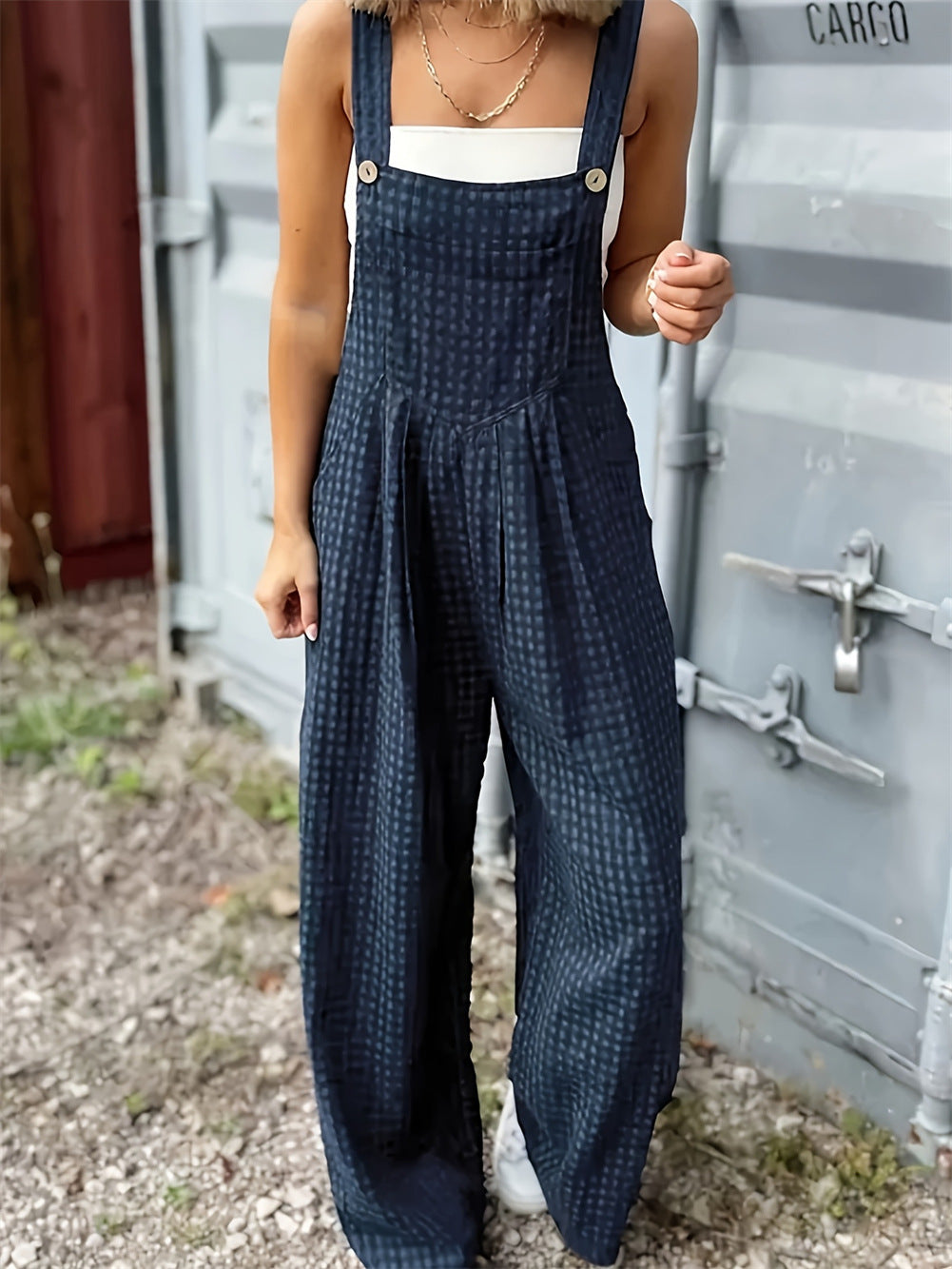Checked Wide Leg Bib Overall Jumpsuit - NavyBlue - 2