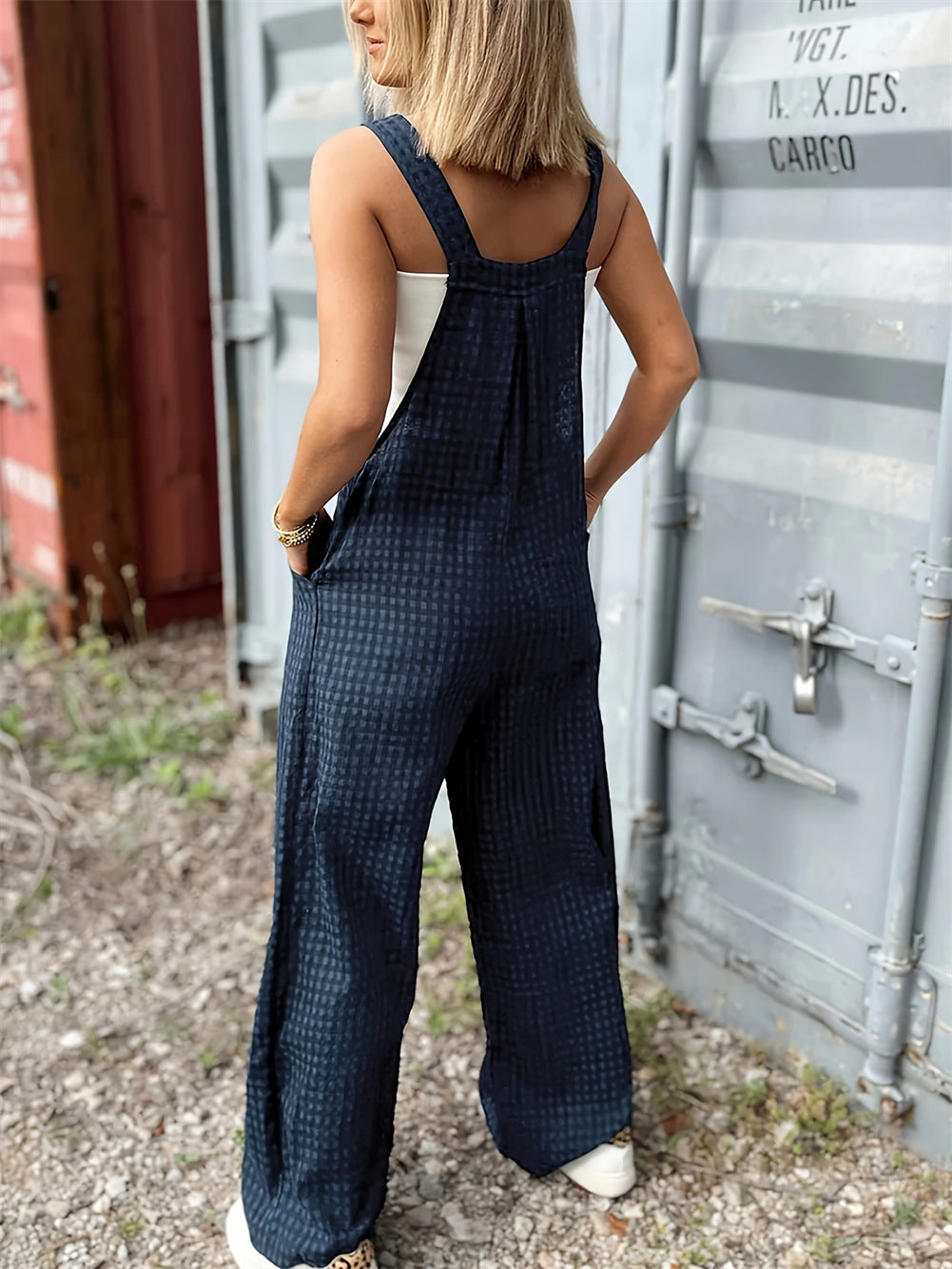 Checked Wide Leg Bib Overall Jumpsuit - NavyBlue - 3