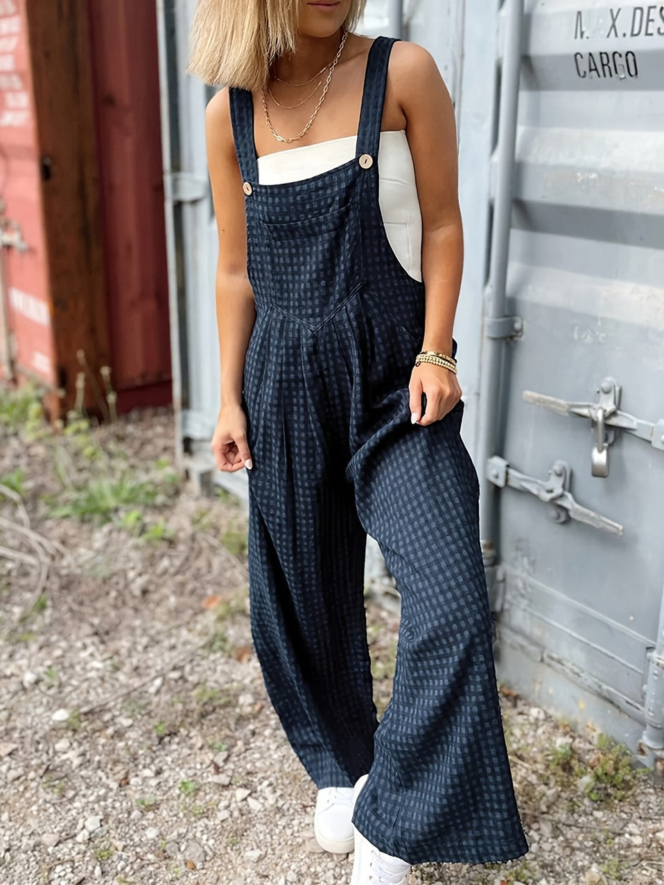 Checked Wide Leg Bib Overall Jumpsuit - NavyBlue - 4