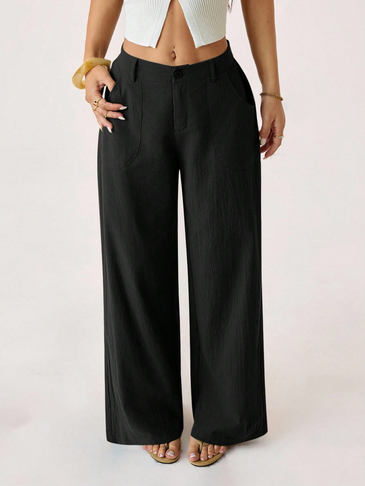 Relaxed Wide Leg Linen Blend Pocket Pants - Black