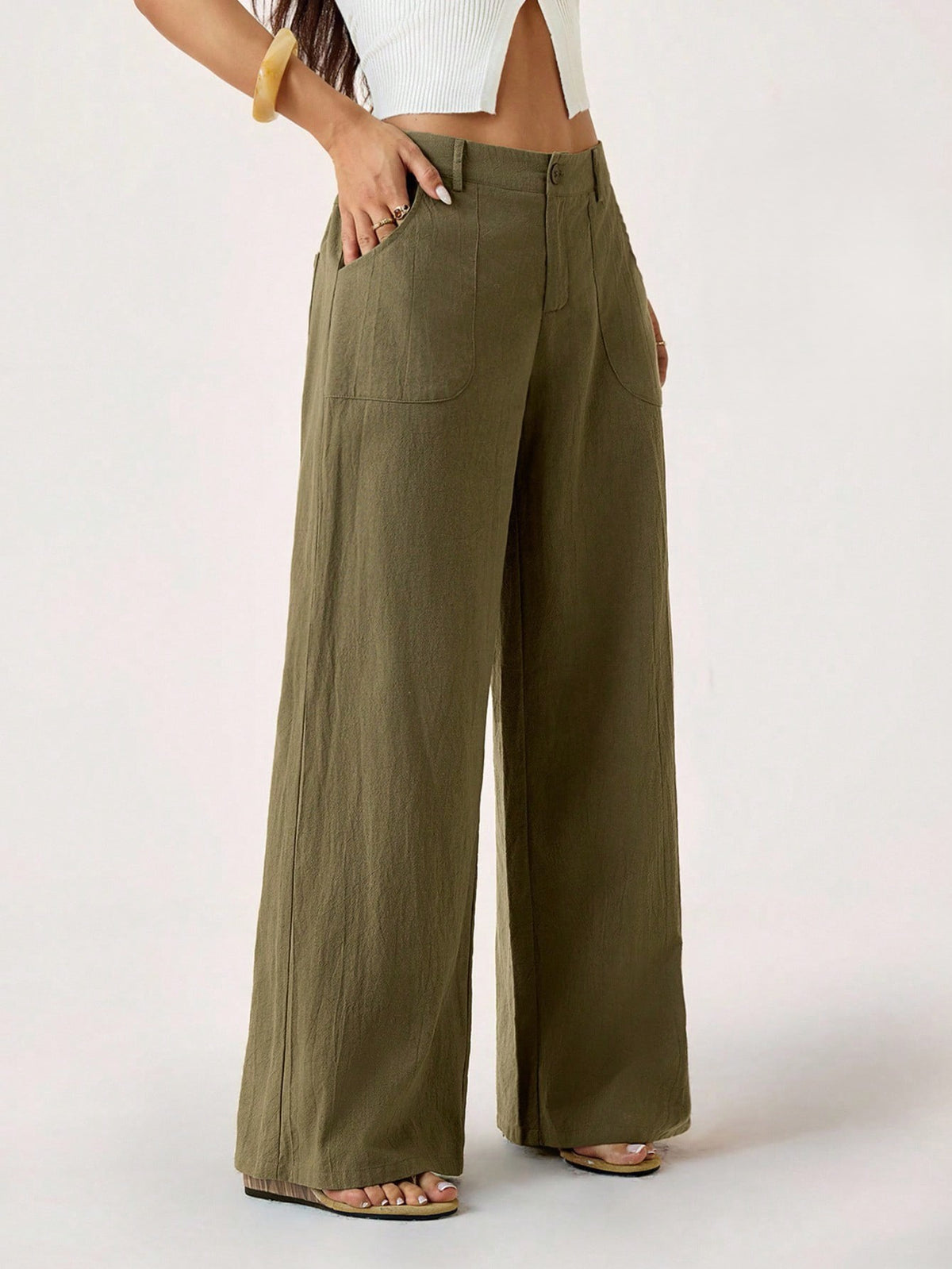 Relaxed Wide Leg Linen Blend Pocket Pants - Green