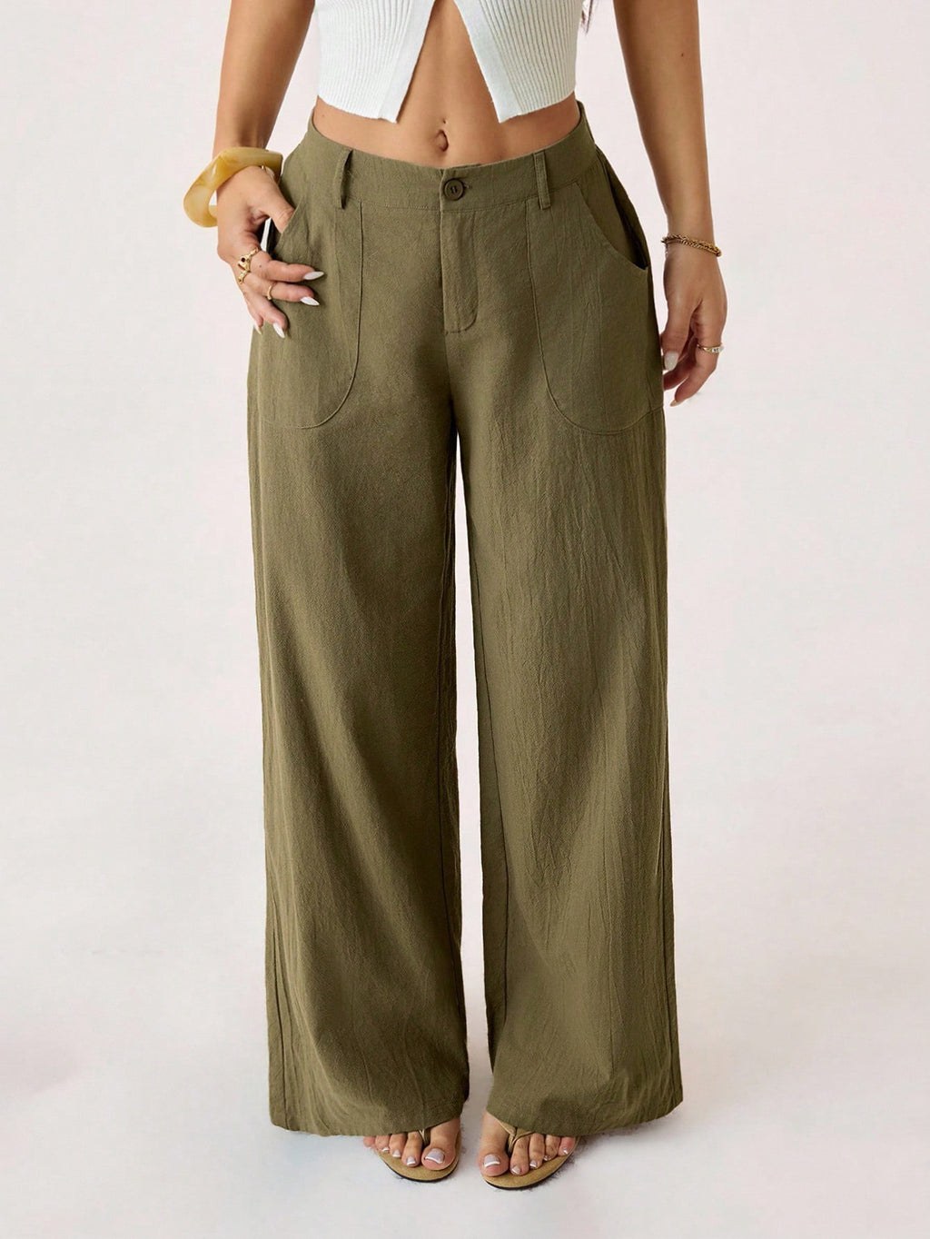 Relaxed Wide Leg Linen Blend Pocket Pants - Green - 1
