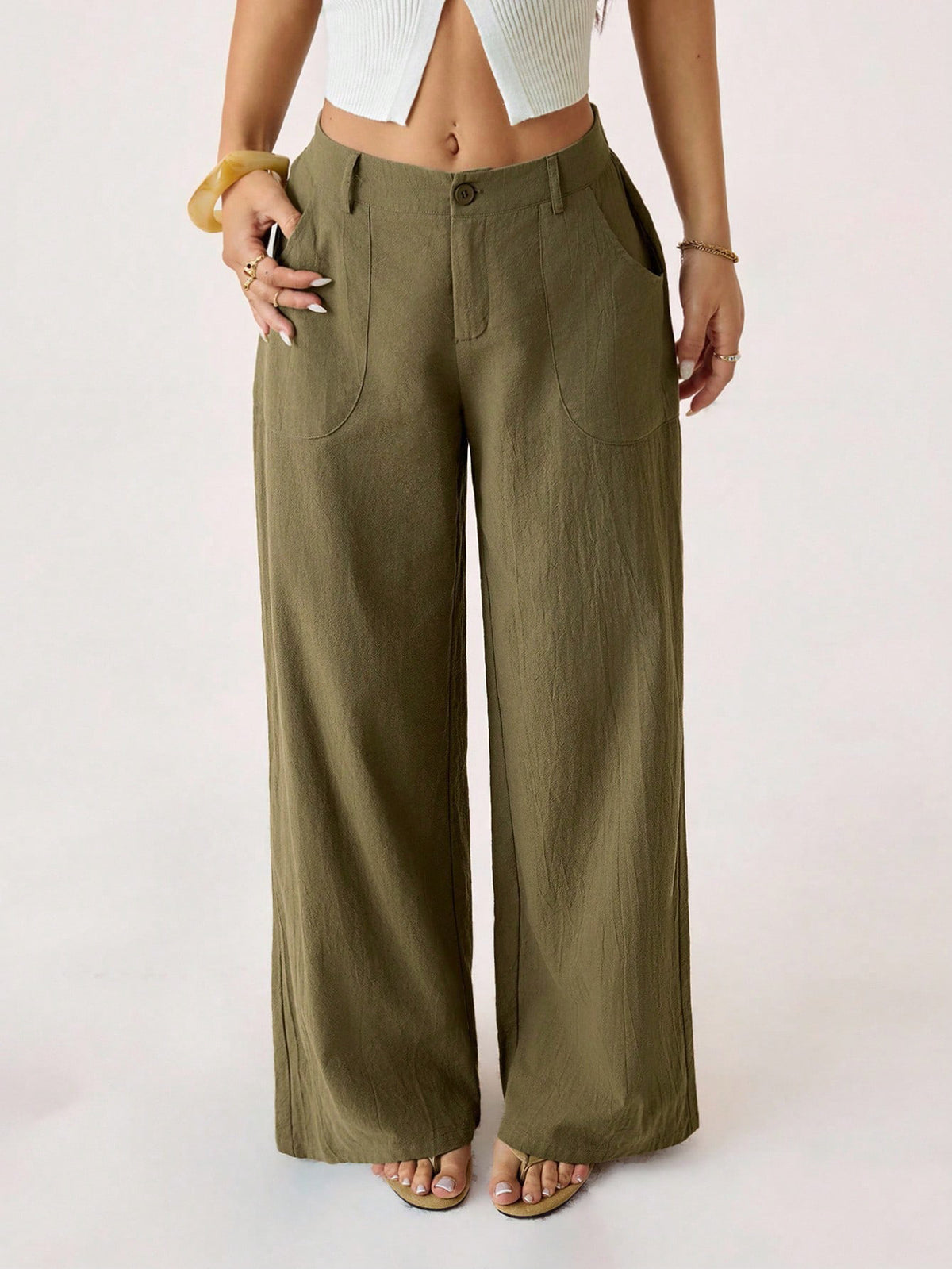 Relaxed Wide Leg Linen Blend Pocket Pants - Green - 1