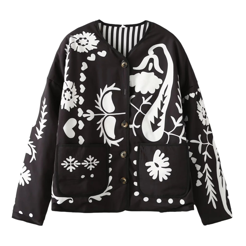 Folk Floral Print Quilted Button Jacket - Black