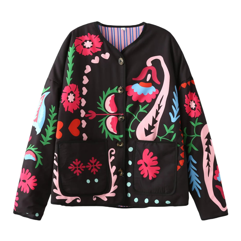 Folk Floral Print Quilted Button Jacket - Red