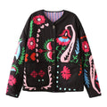 Folk Floral Print Quilted Button Jacket - Red