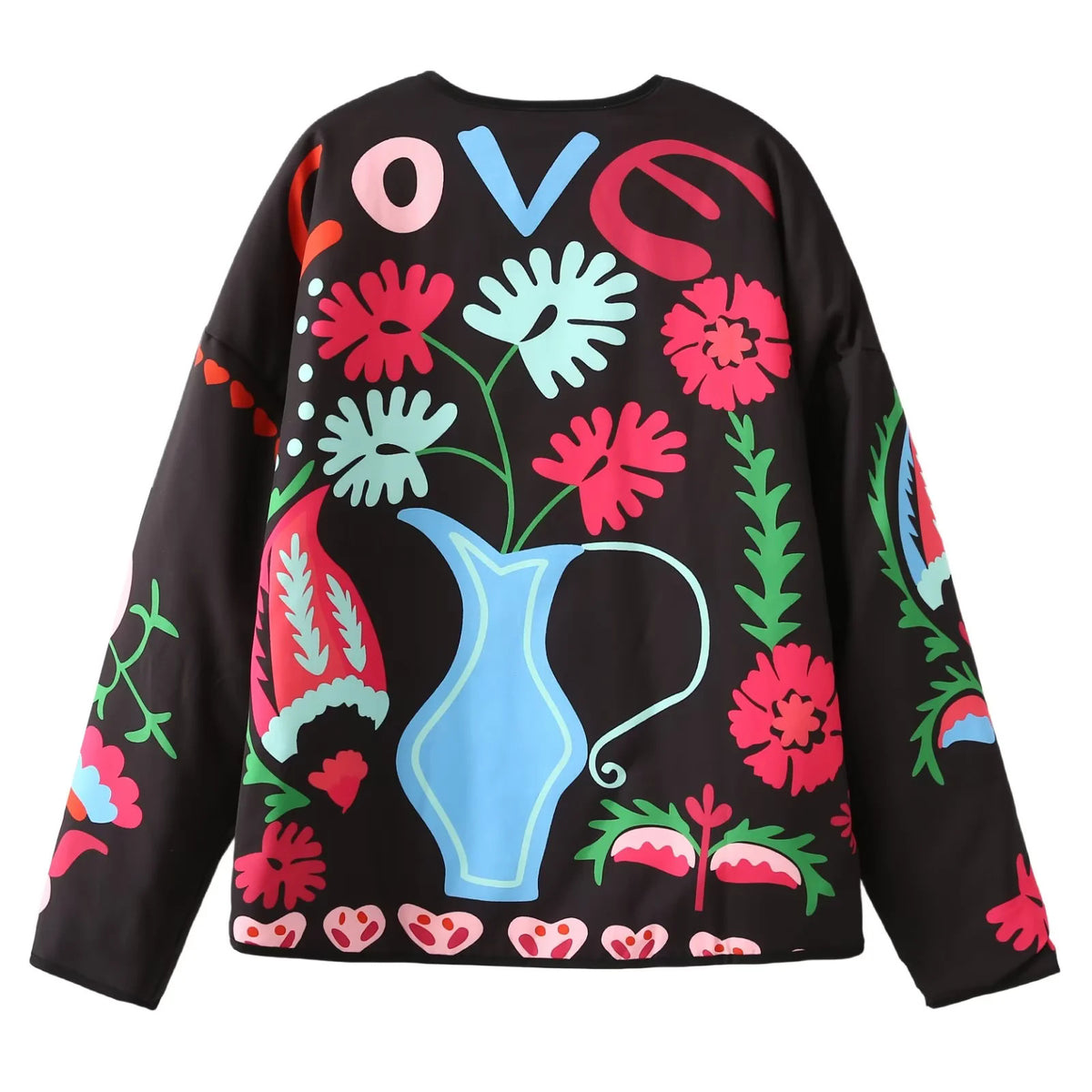 Folk Floral Print Quilted Button Jacket - Red - 1