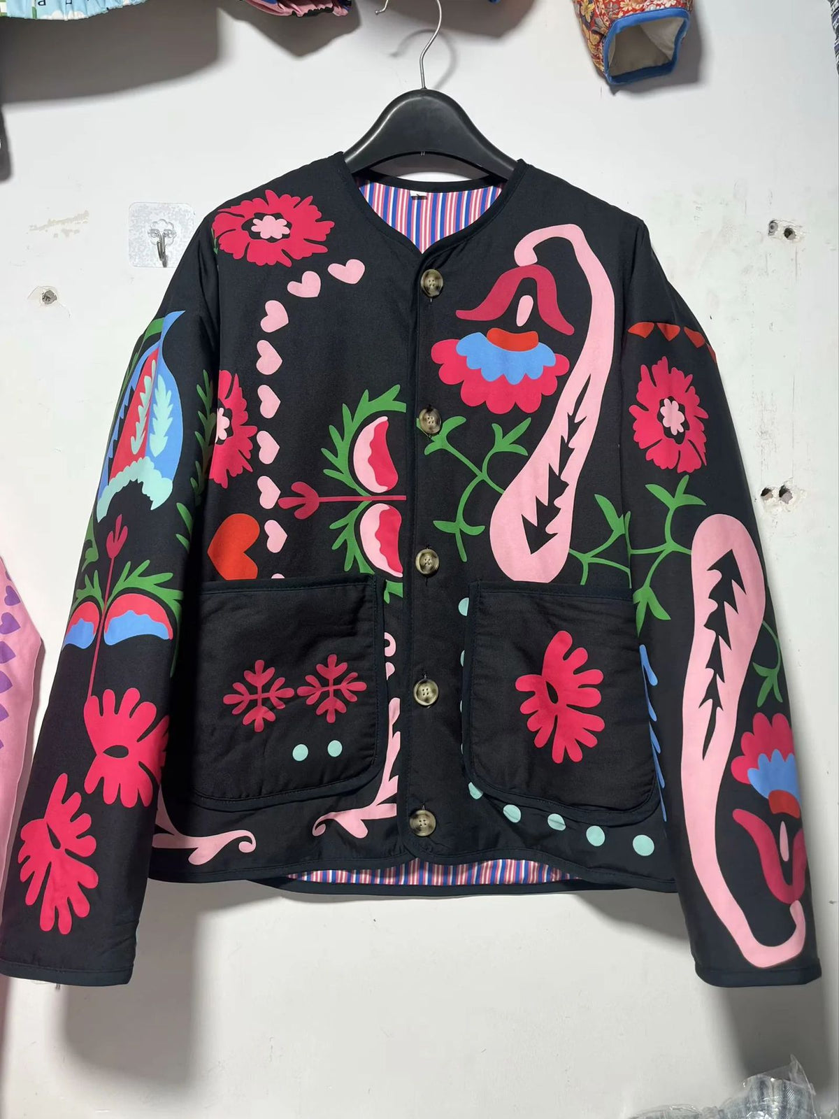 Folk Floral Print Quilted Button Jacket - Red - 9