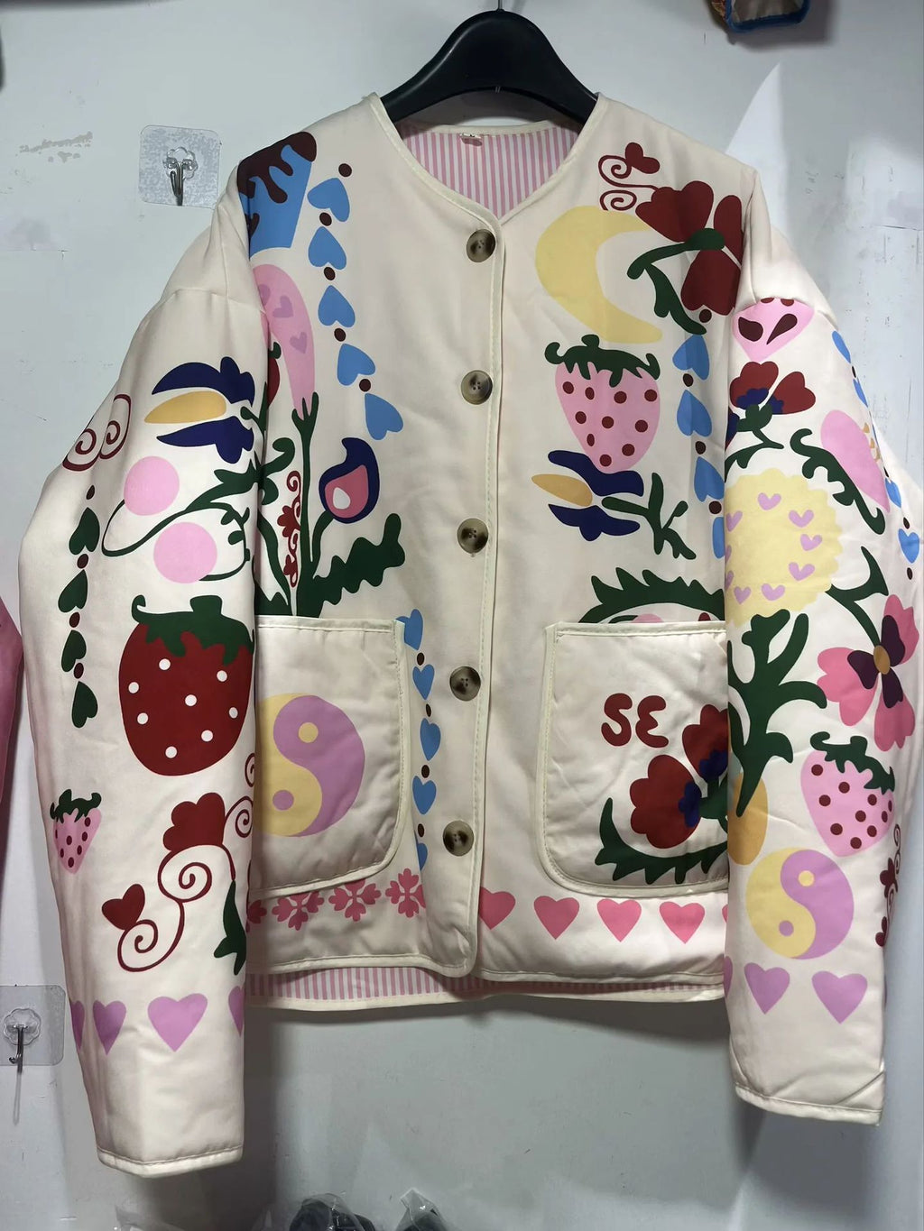 Folk Floral Print Quilted Button Jacket - White