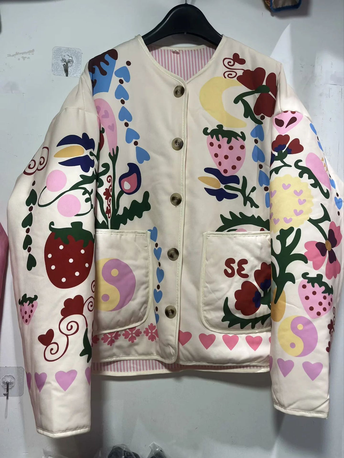 Folk Floral Print Quilted Button Jacket - White