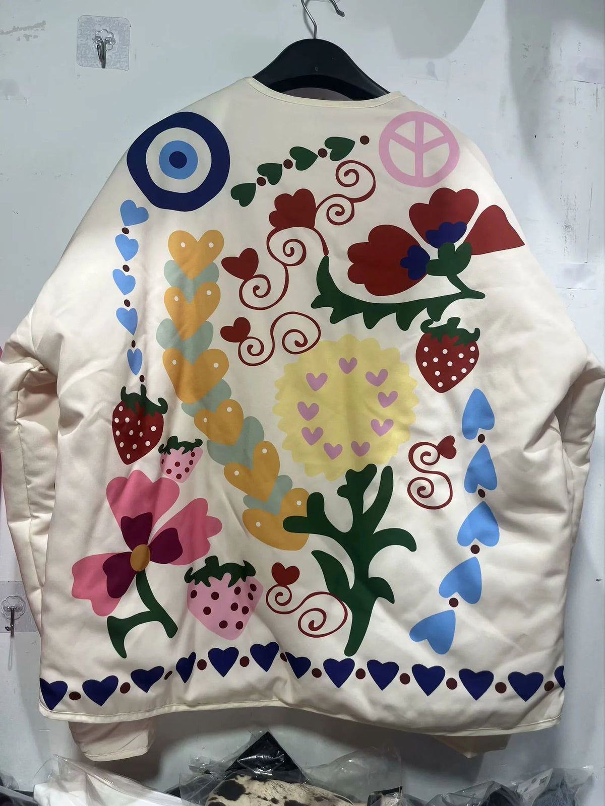 Folk Floral Print Quilted Button Jacket - White - 1
