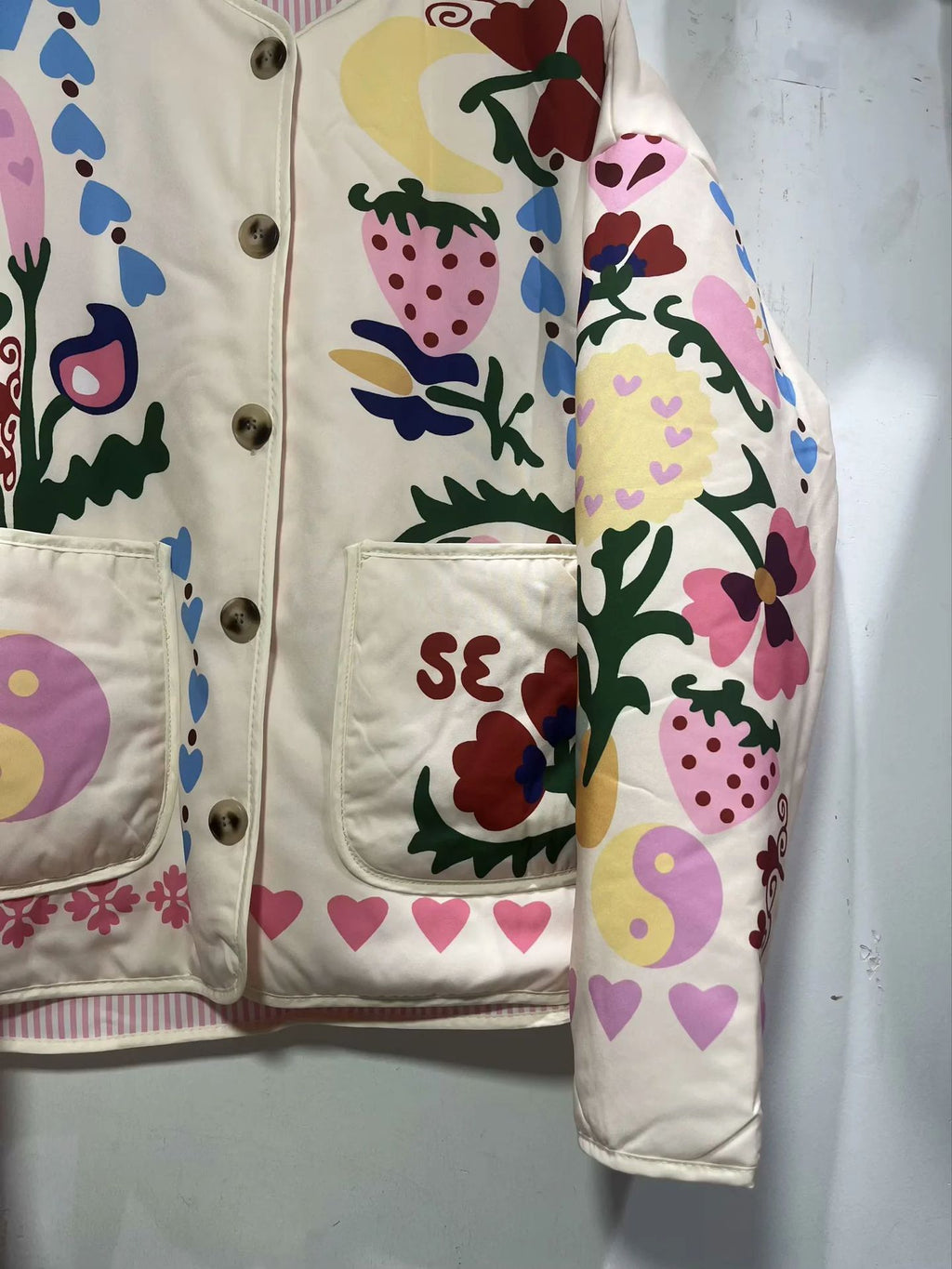 Folk Floral Print Quilted Button Jacket - White - 2