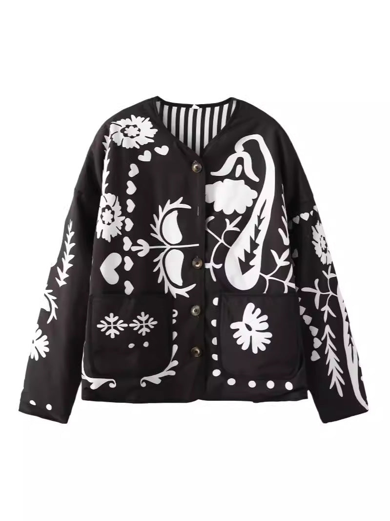 Folk Floral Print Quilted Button Jacket