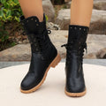 Studded Lace-Up Mid Calf Combat Boots - Black