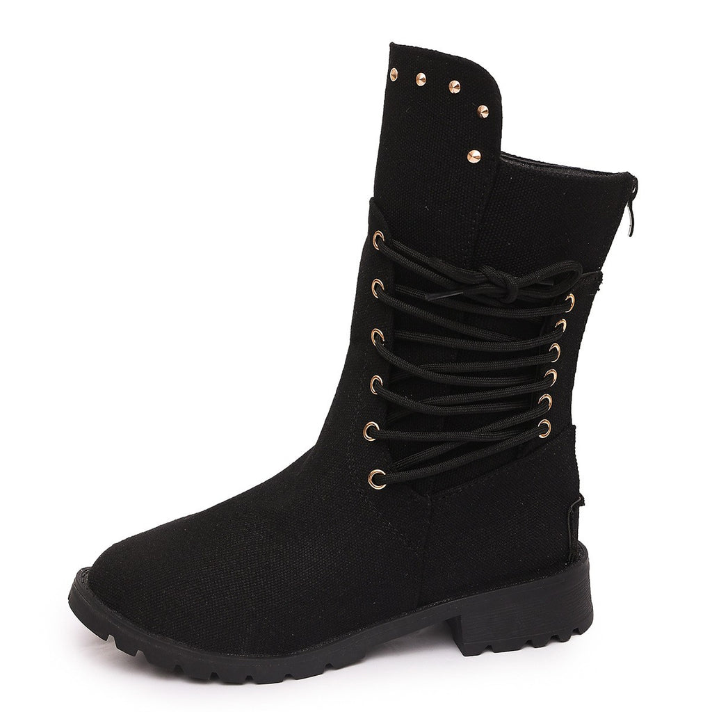 Studded Lace-Up Mid Calf Combat Boots - Black Canvas