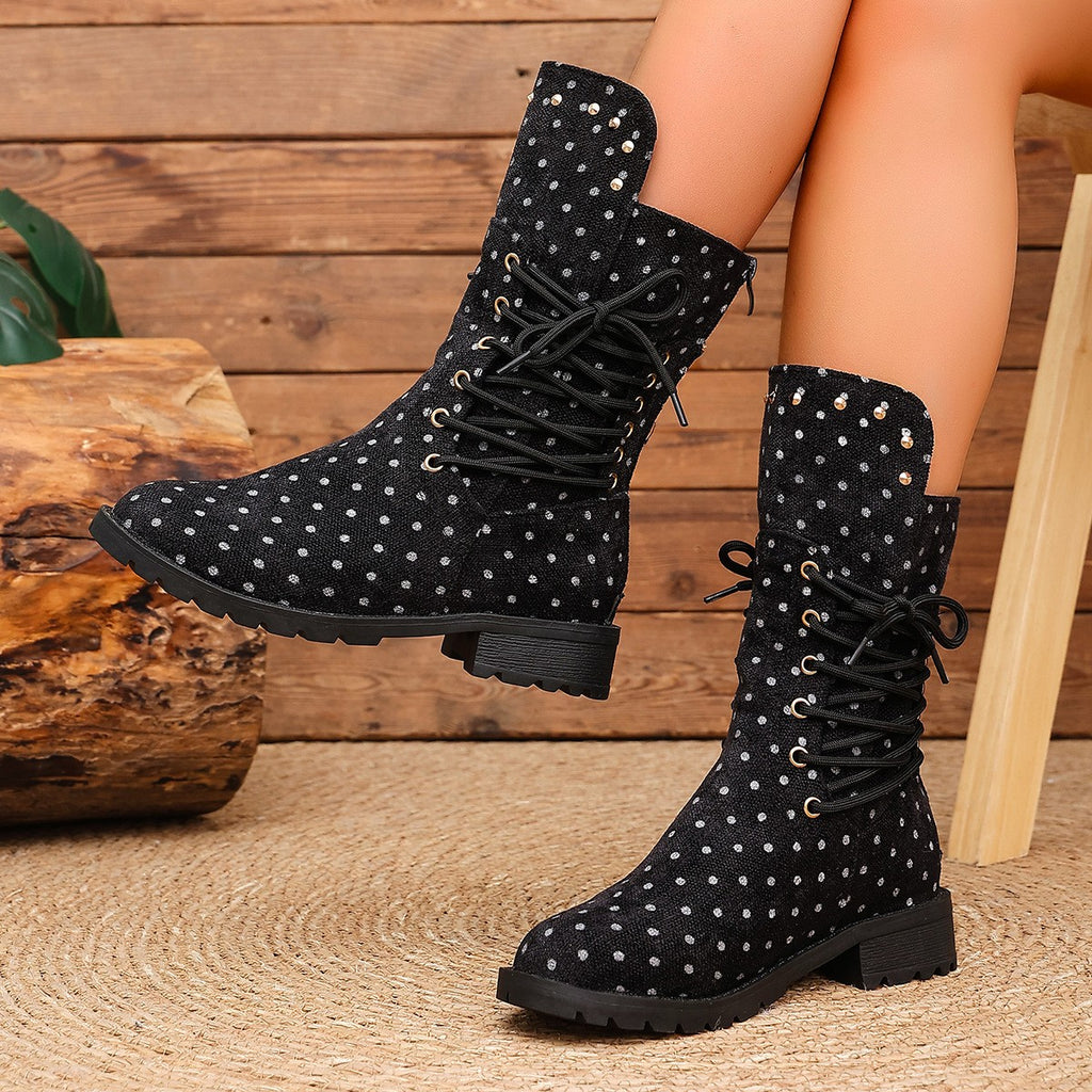 Studded Lace-Up Mid Calf Combat Boots - Black Dot