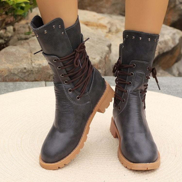 Studded Lace-Up Mid Calf Combat Boots - Gray