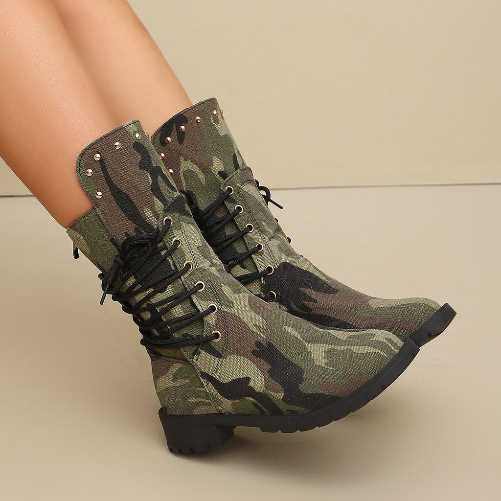 Studded Lace-Up Mid Calf Combat Boots - Green Camo