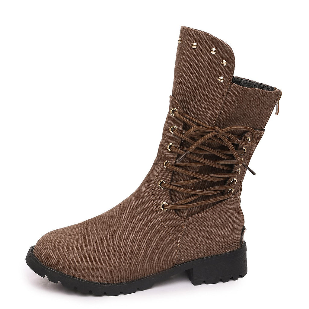 Studded Lace-Up Mid Calf Combat Boots - Mocha