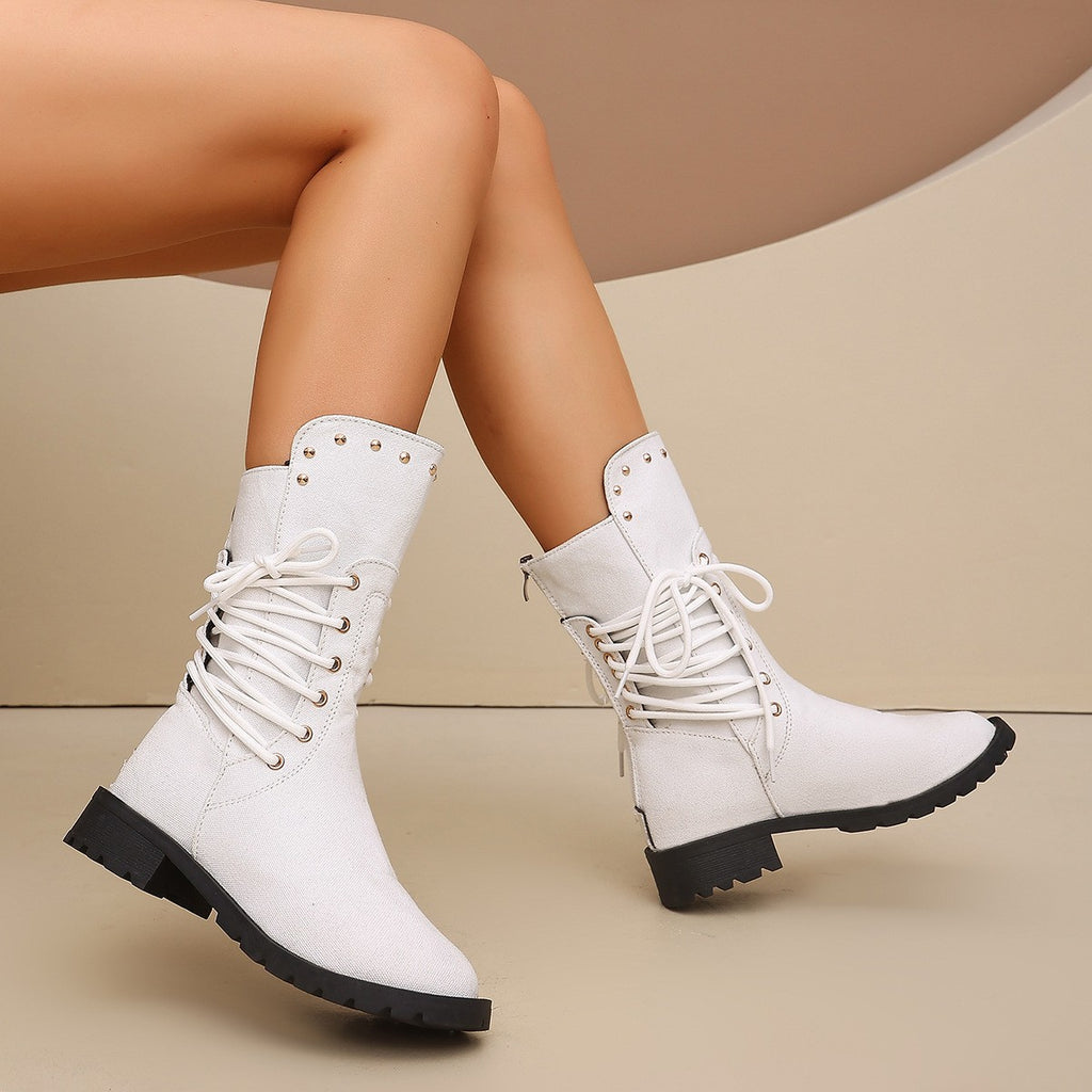 Studded Lace-Up Mid Calf Combat Boots