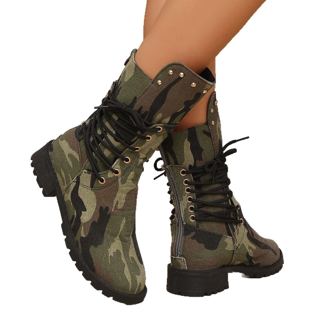 Studded Lace-Up Mid Calf Combat Boots