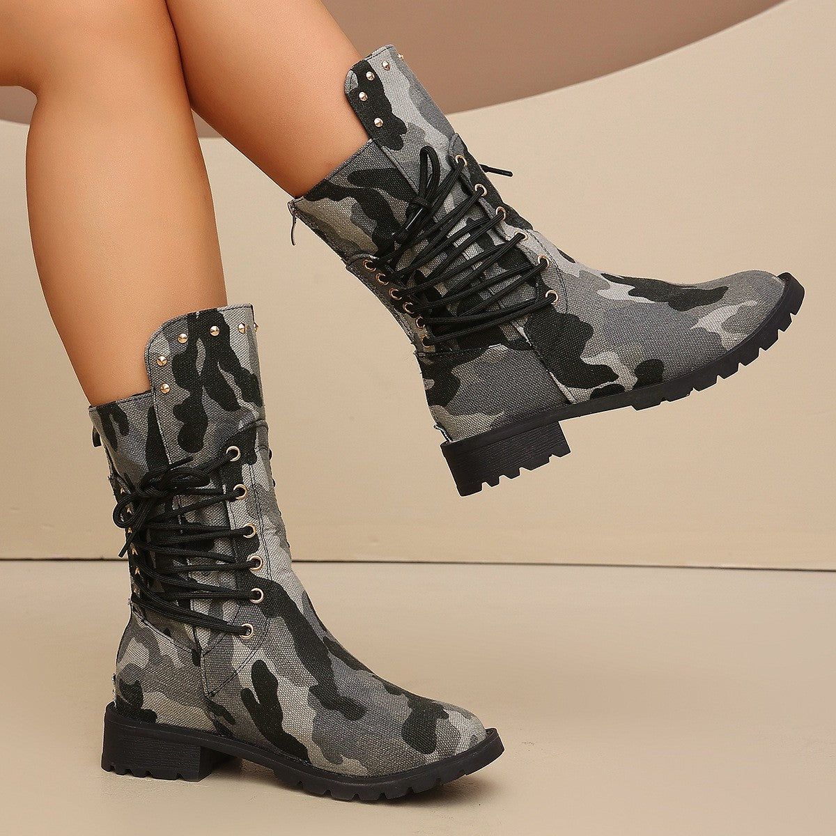 Studded Lace-Up Mid Calf Combat Boots