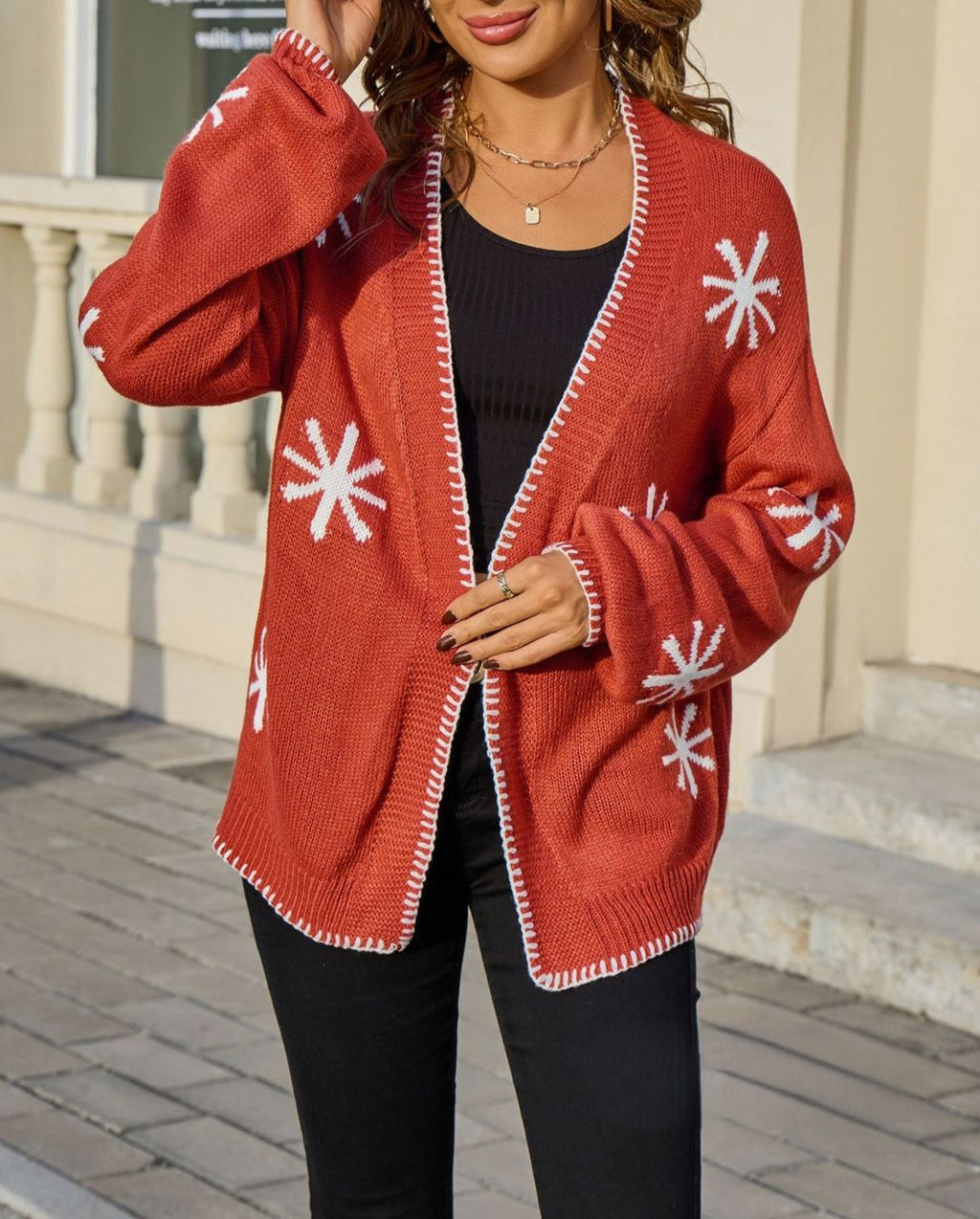 Star Motif Blanket Stitch Open Cardigan - Orange - 1