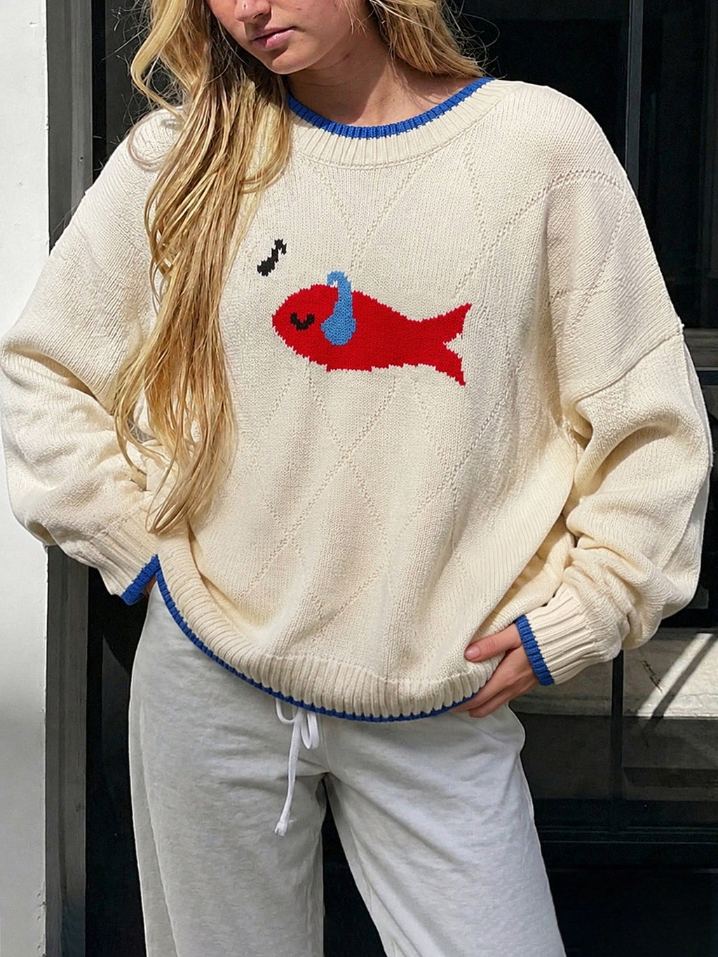 Fish Motif Knit Sweater with Contrast Trim - OffWhite