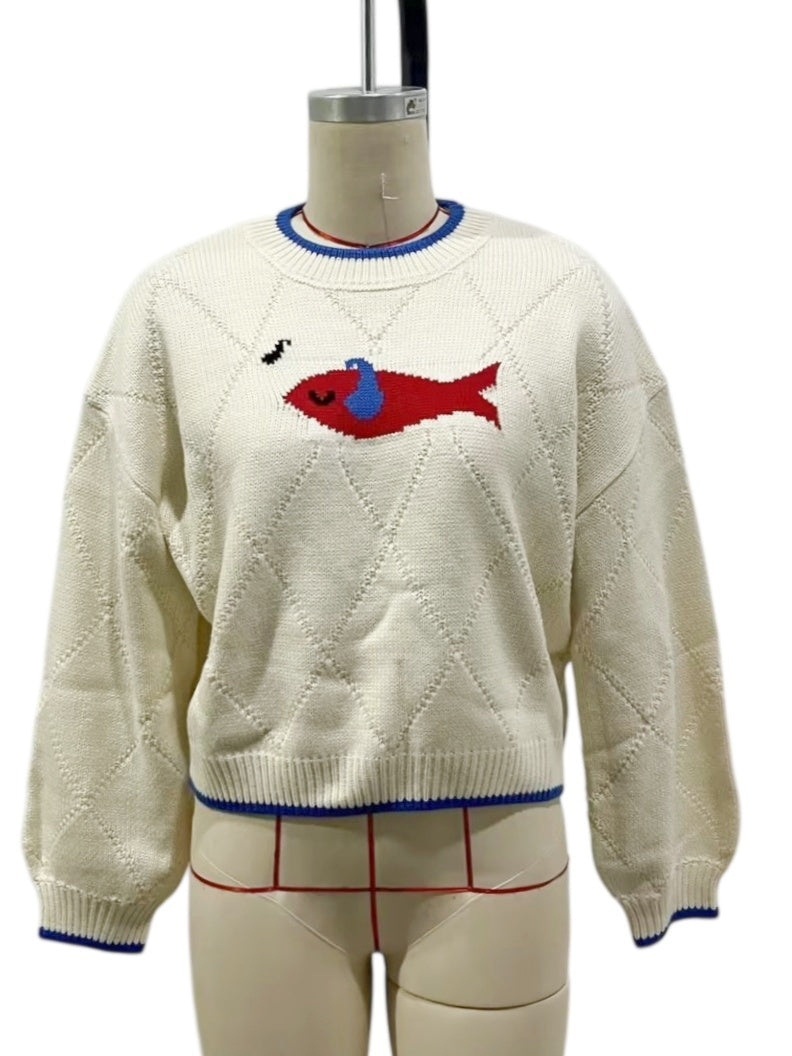 Fish Motif Knit Sweater with Contrast Trim - OffWhite - 1