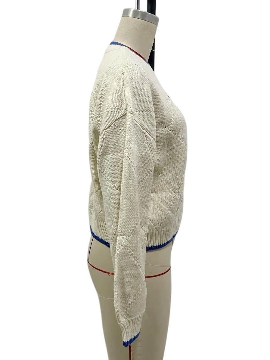Fish Motif Knit Sweater with Contrast Trim - OffWhite - 2