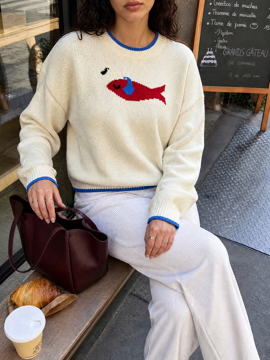 Fish Motif Knit Sweater with Contrast Trim - OffWhite - 4