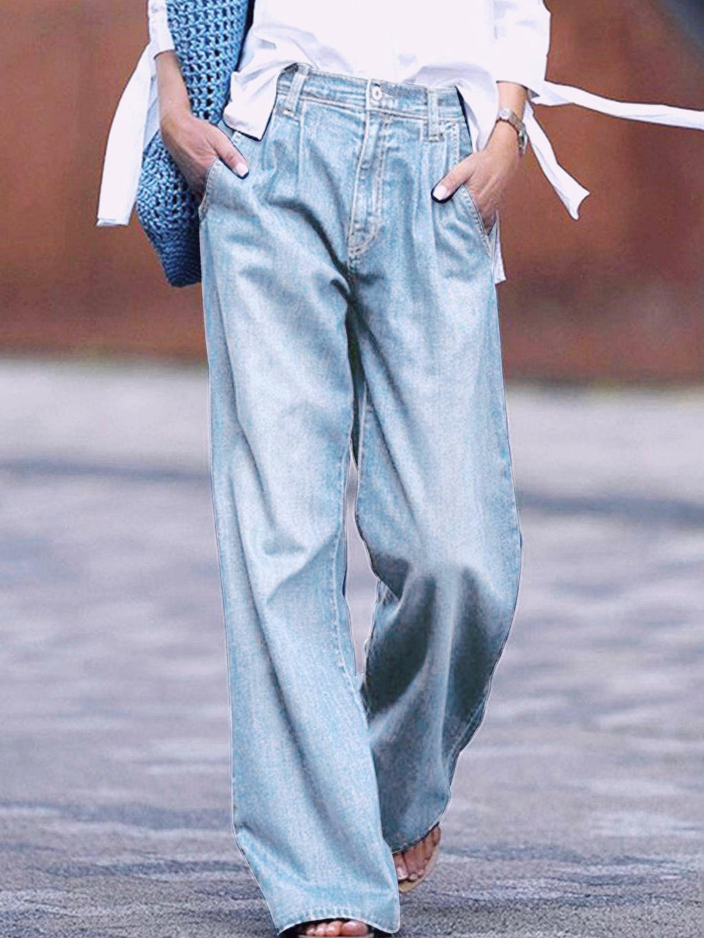 Vintage Wash Wide Leg High Rise Jeans - Blue - 2