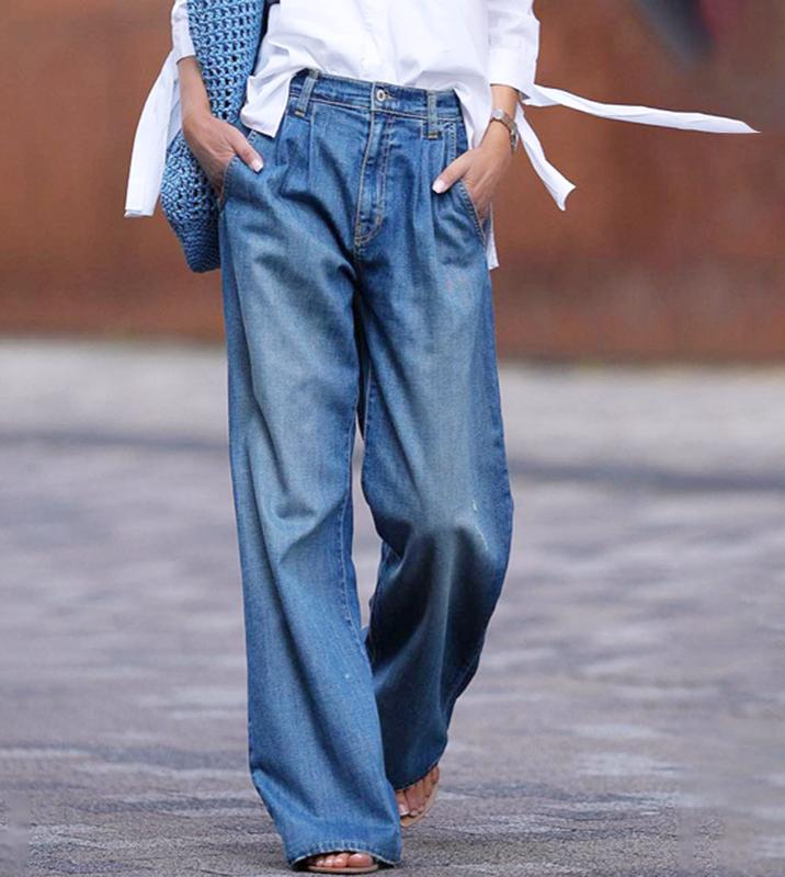 Vintage Wash Wide Leg High Rise Jeans - DarkBlue