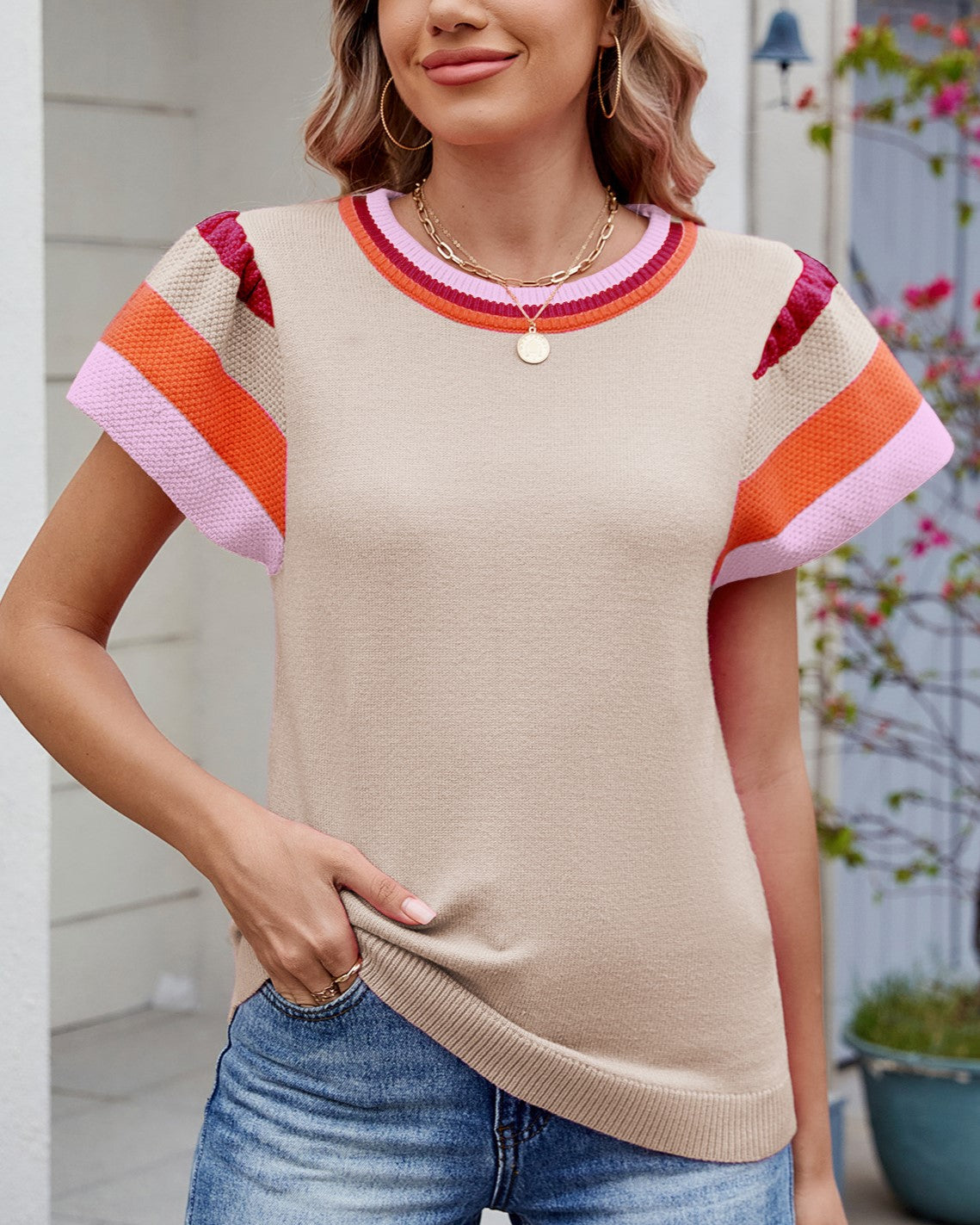 Striped Petal Sleeve Knit Top - Apricot