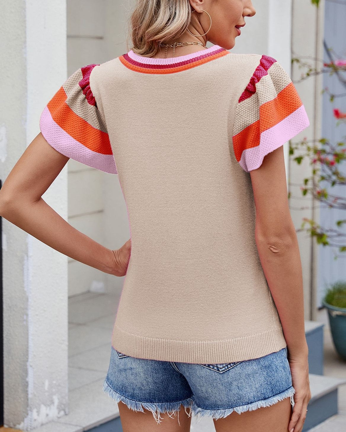 Striped Petal Sleeve Knit Top - Apricot - 3