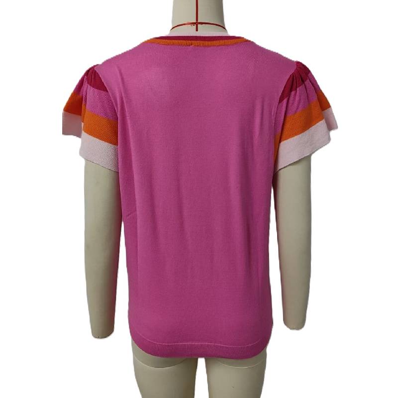 Striped Petal Sleeve Knit Top - Rose - 2
