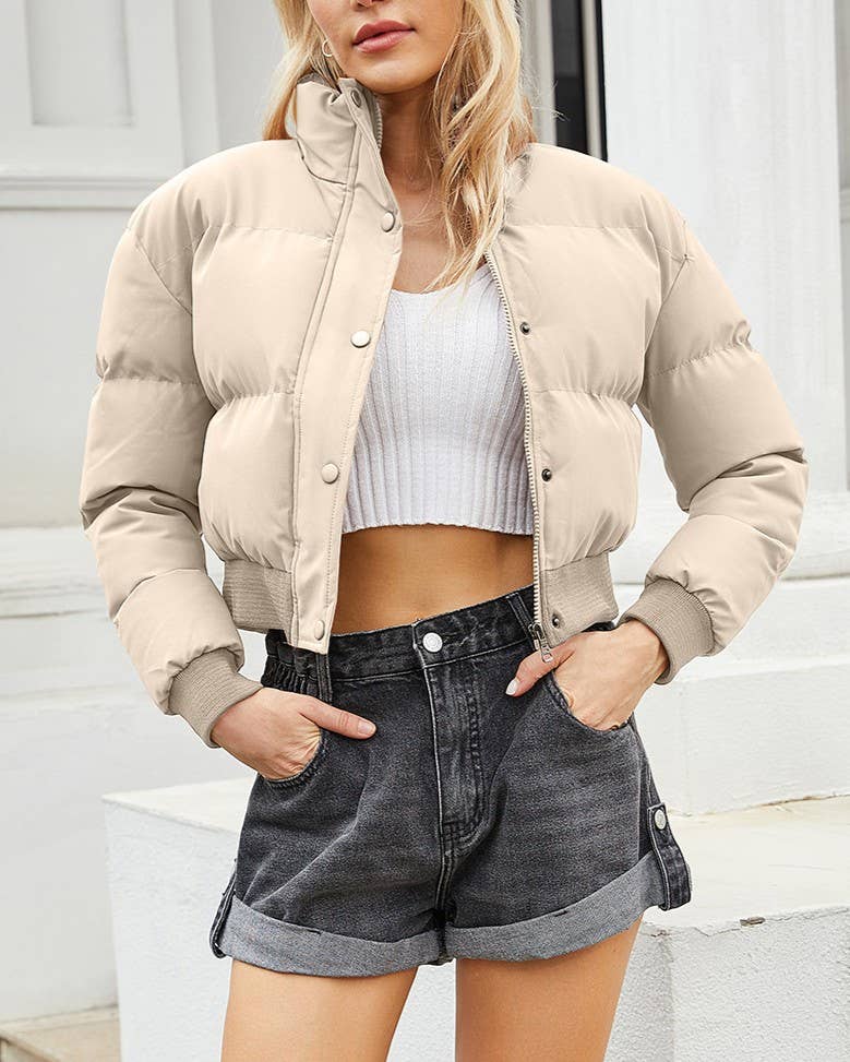 Quilted Cropped Bomber Puffer Jacket