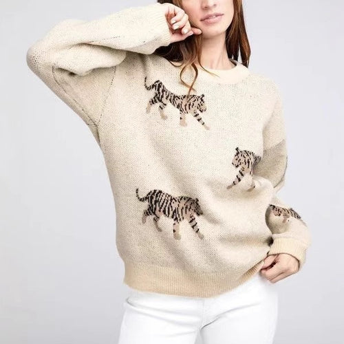 Allover Tiger Motif Oversized Knit Sweater - Beige