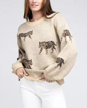 Allover Tiger Motif Oversized Knit Sweater - Beige - 1