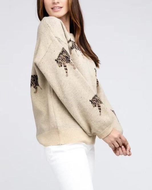 Allover Tiger Motif Oversized Knit Sweater - Beige - 2