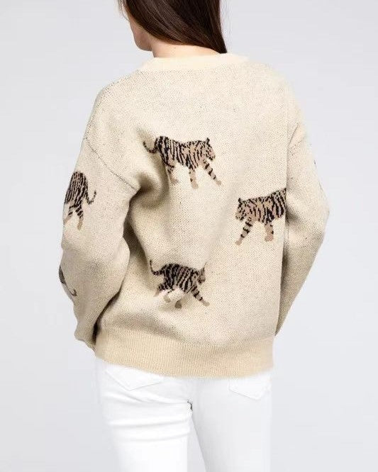 Allover Tiger Motif Oversized Knit Sweater - Beige - 3