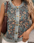 Floral Tapestry Denim Trim Button Front Vest - Blue